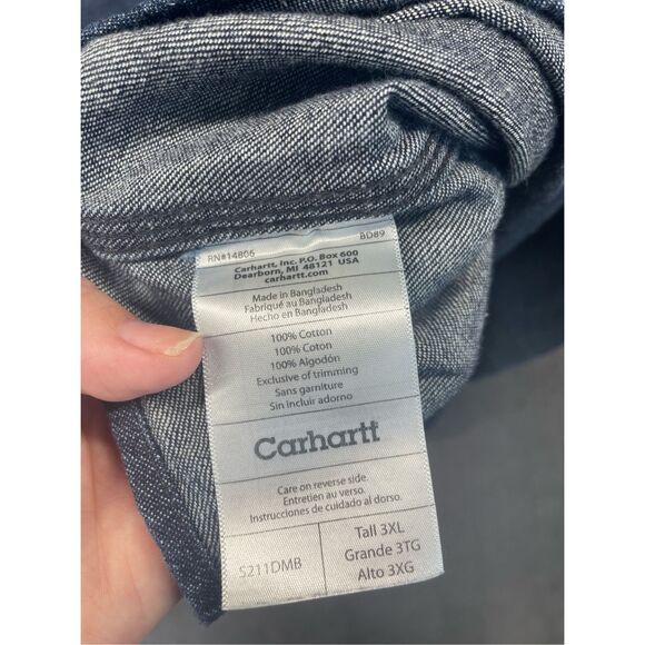 Carhartt Denim Western Shirt Men 3XL Tall Blue Pearl Snap Workwear Cowboy Core - Picture 7 of 8